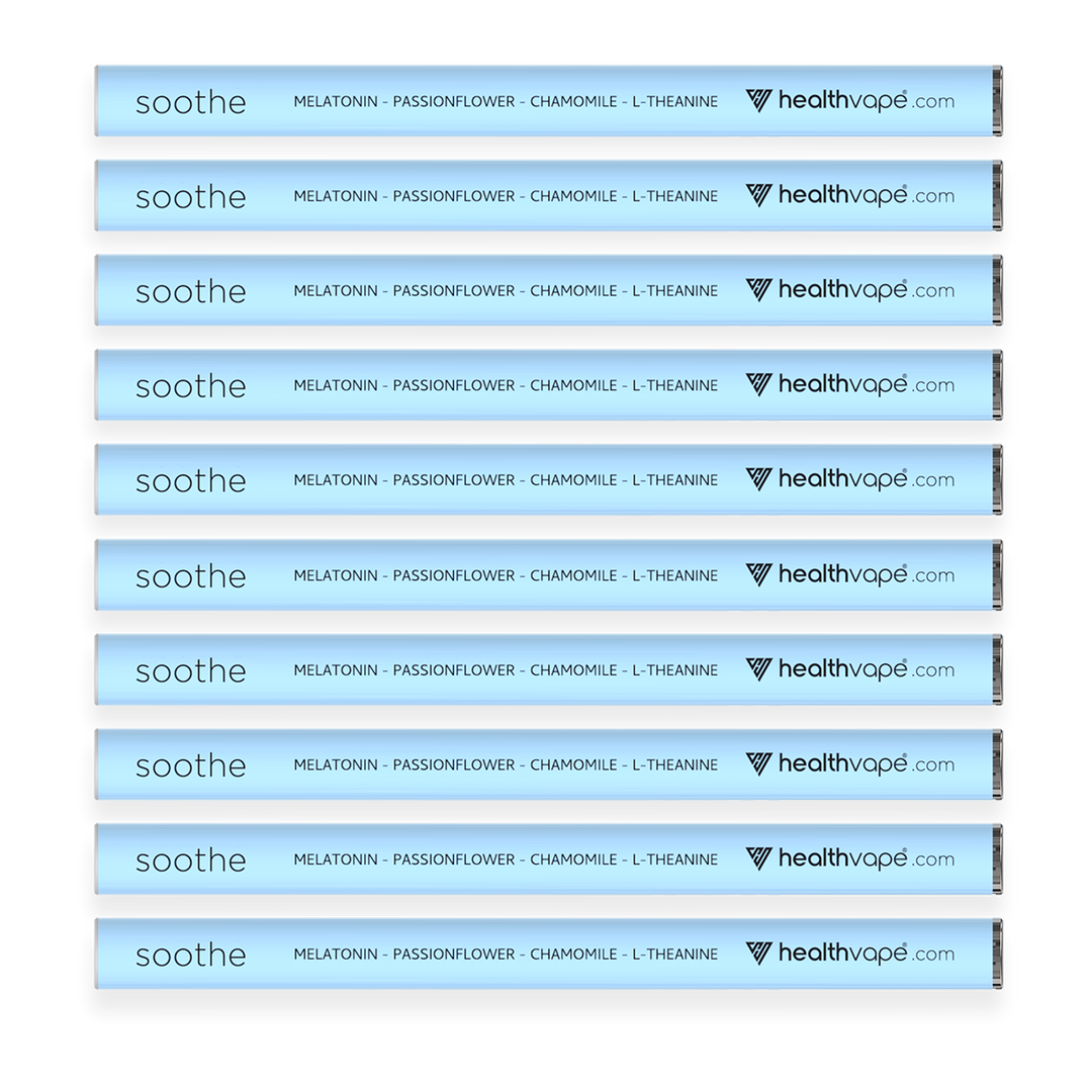 Ten HealthVape SOOTHE disposable inhalers in light blue design, labeled with Melatonin, Passionflower, Chamomile, and L-Theanine.