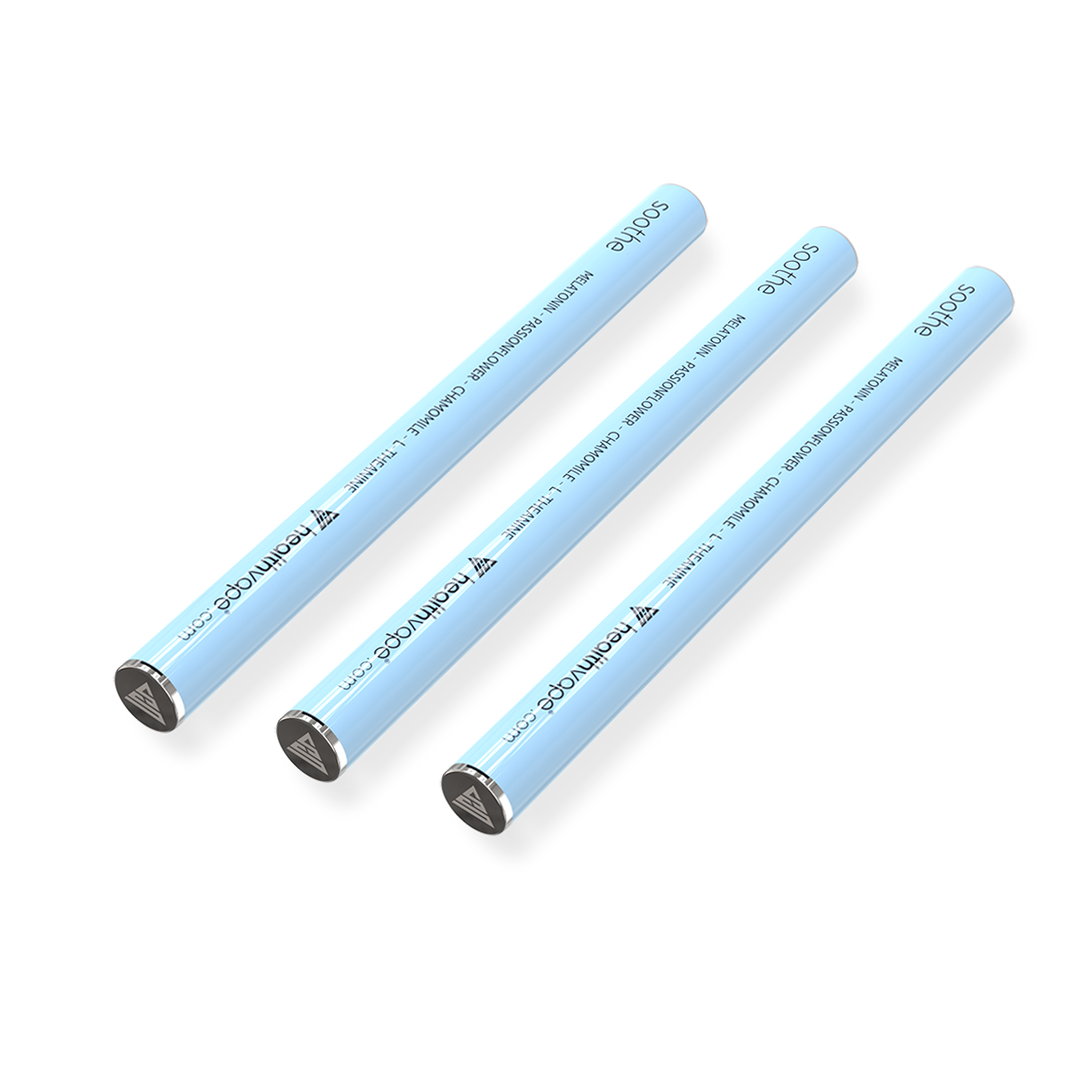 Three HealthVape SOOTHE disposable inhalers in light blue, labeled with Melatonin, Passionflower, Chamomile, and L-Theanine.